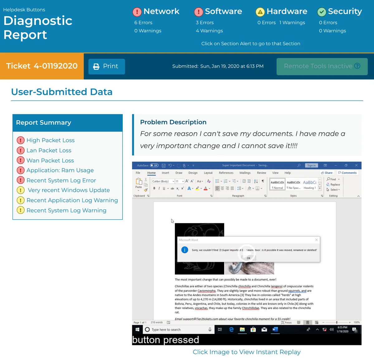 A sample Tier2Tickets diagnostic report shows alert counts for Network, Software, Hardware and Security, a summary that flags packet loss, RAM usage and recent log errors, the user's problem description, and a frame from the Instant Replay of their screen.