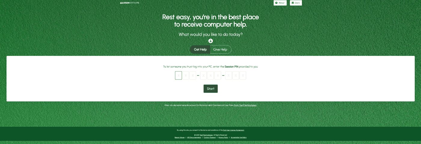 The loginwith.me page with Get Help selected, a prompt to enter the Session PIN provided to you, nine boxes for the PIN, and a Start button.