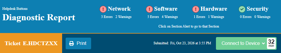 The top of a Tier2Tickets Diagnostic Report showing Network, Software, Hardware and Security results, the ticket number, the time it was submitted, and a green Connect to Device button on the right.