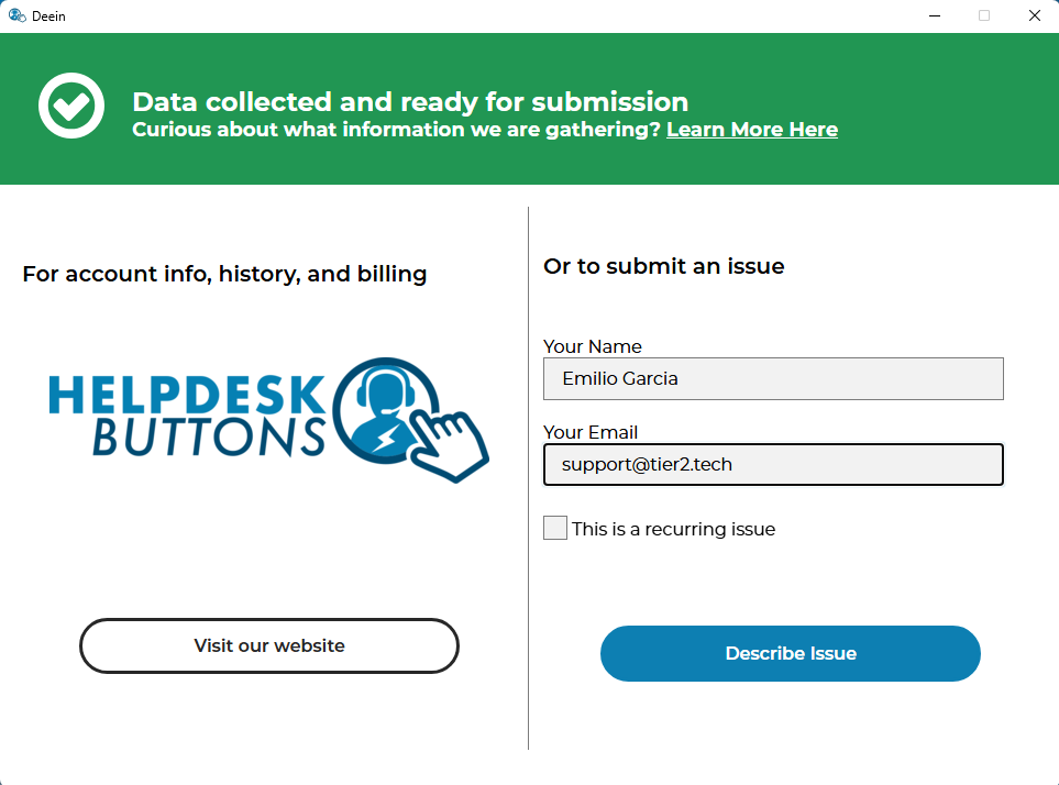The ticket window shows the user's name and email already filled in before they describe the issue.