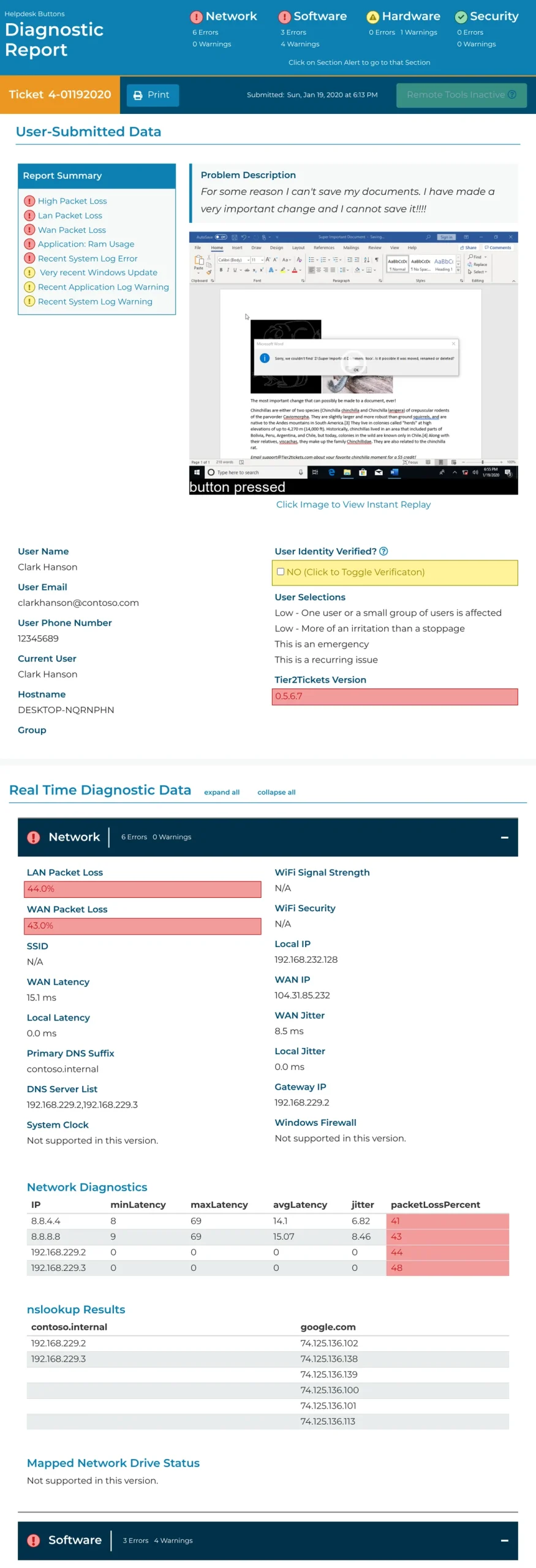 A sample Tier2Tickets ticket shows the user-submitted details, a frame from the Instant Replay, and real-time network diagnostics, including packet loss, latency, jitter, DNS servers, IP and gateway data, ping tests and nslookup results.
