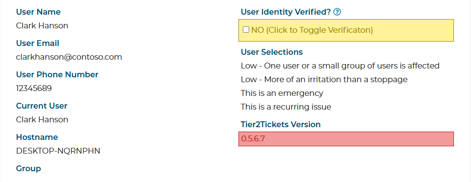 A ticket showing the user's name, email, phone, logged-in user and hostname, with a field the tech can mark once they've confirmed the request.